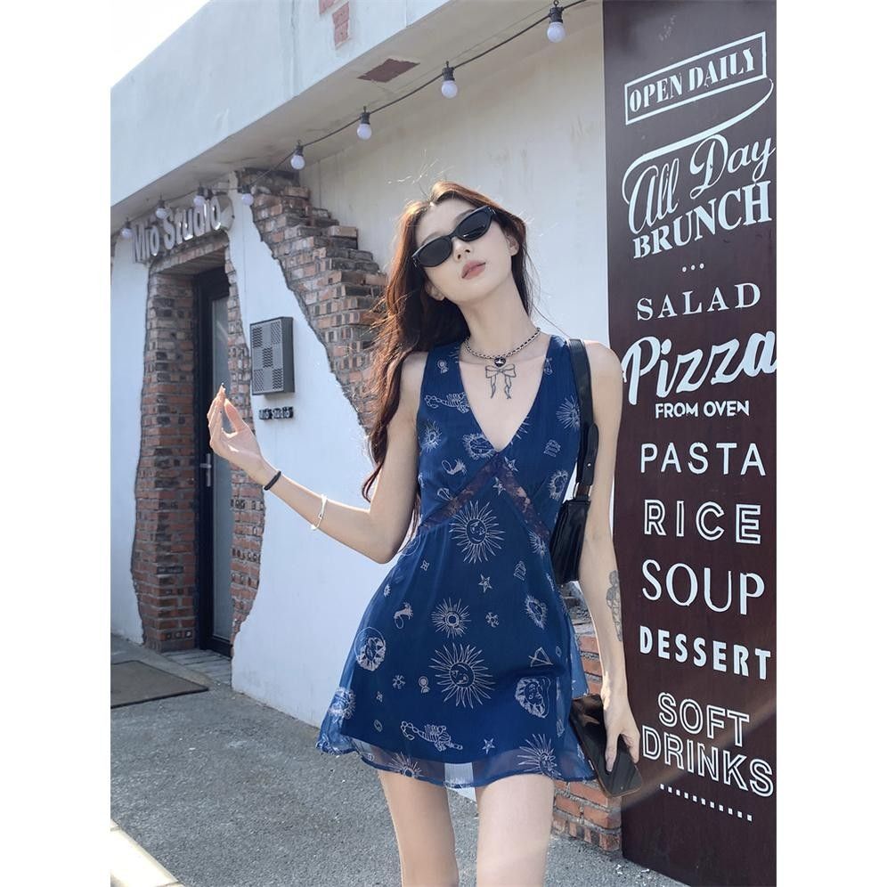 Retro Print V-Neck Vest Dress for Women, 2025 Summer New Style, Elegant, Slimming, Vacation Style