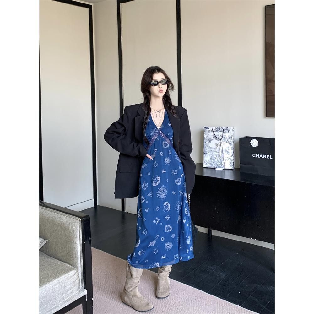 Retro Print V-Neck Vest Dress for Women, 2025 Summer New Style, Elegant, Slimming, Vacation Style