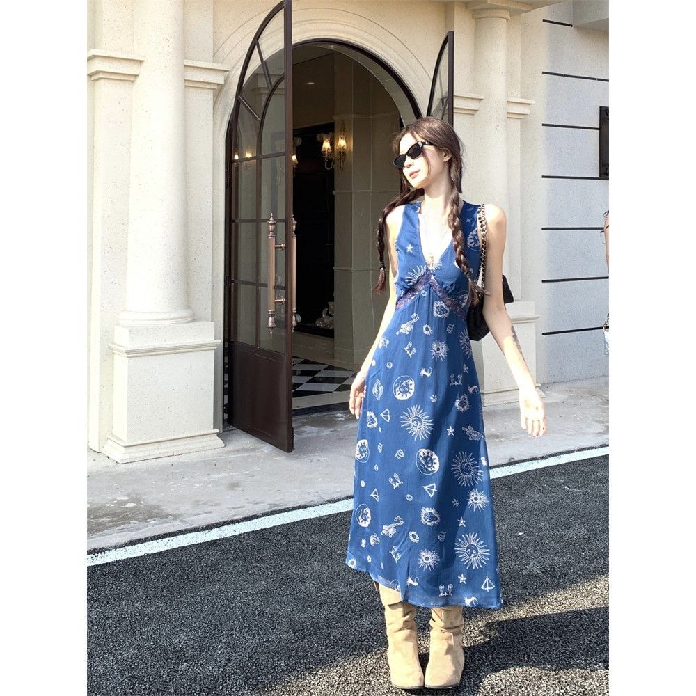 Retro Print V-Neck Vest Dress for Women, 2025 Summer New Style, Elegant, Slimming, Vacation Style