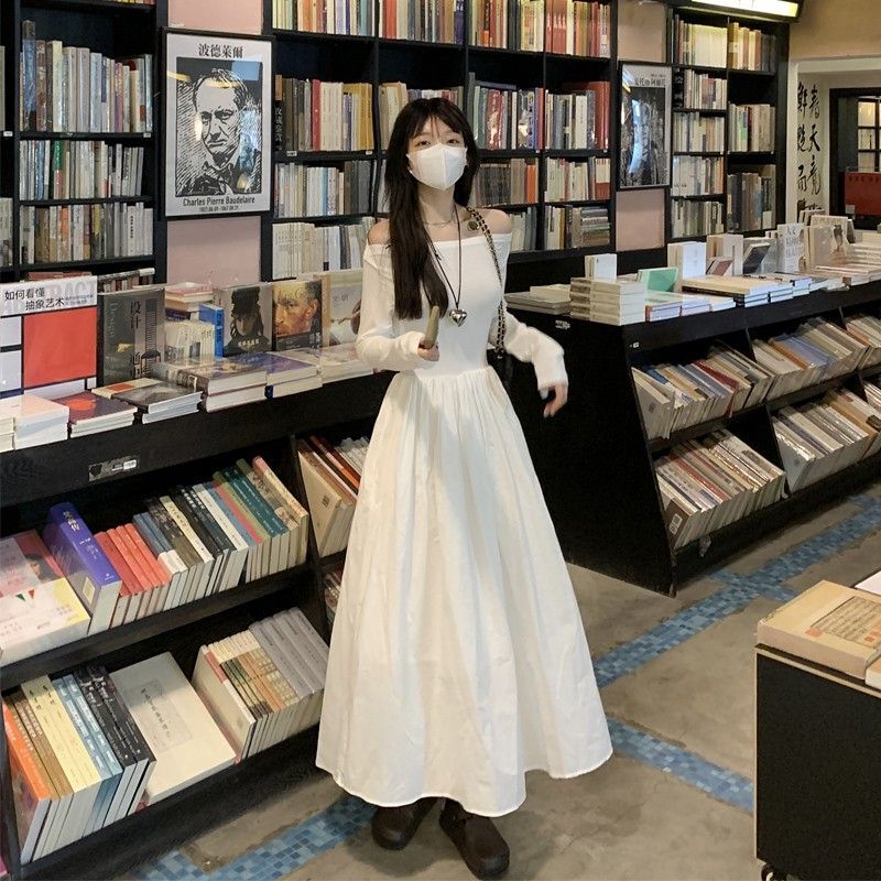 French Hepburn style off-shoulder patchwork dress for autumn, elegant and flattering, slimming and flattering, A-line long skirt.