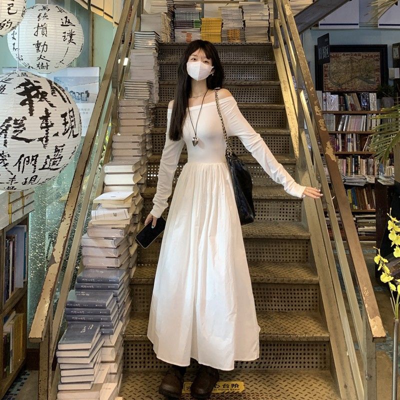 French Hepburn style off-shoulder patchwork dress for autumn, elegant and flattering, slimming and flattering, A-line long skirt.