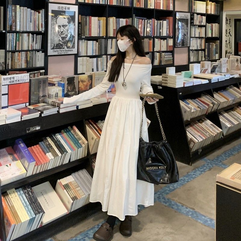 French Hepburn style off-shoulder patchwork dress for autumn, elegant and flattering, slimming and flattering, A-line long skirt.