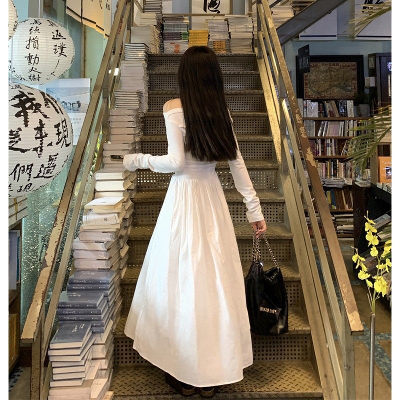 French Hepburn style off-shoulder patchwork dress for autumn, elegant and flattering, slimming and flattering, A-line long skirt.