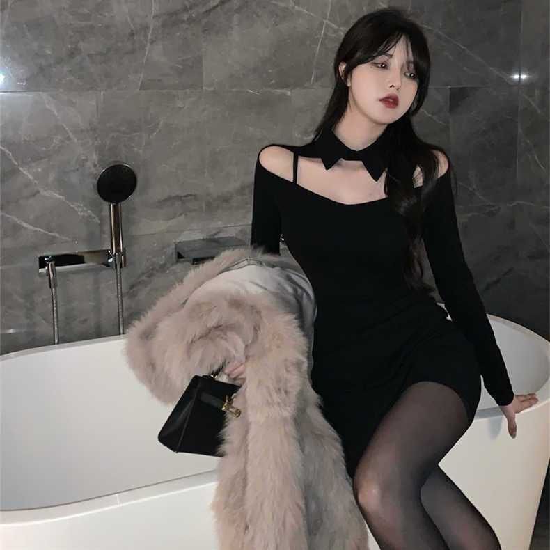 Retro sexy off-shoulder halter neck dress, new autumn/winter style, sexy stretchy slim fit, bodycon skirt.