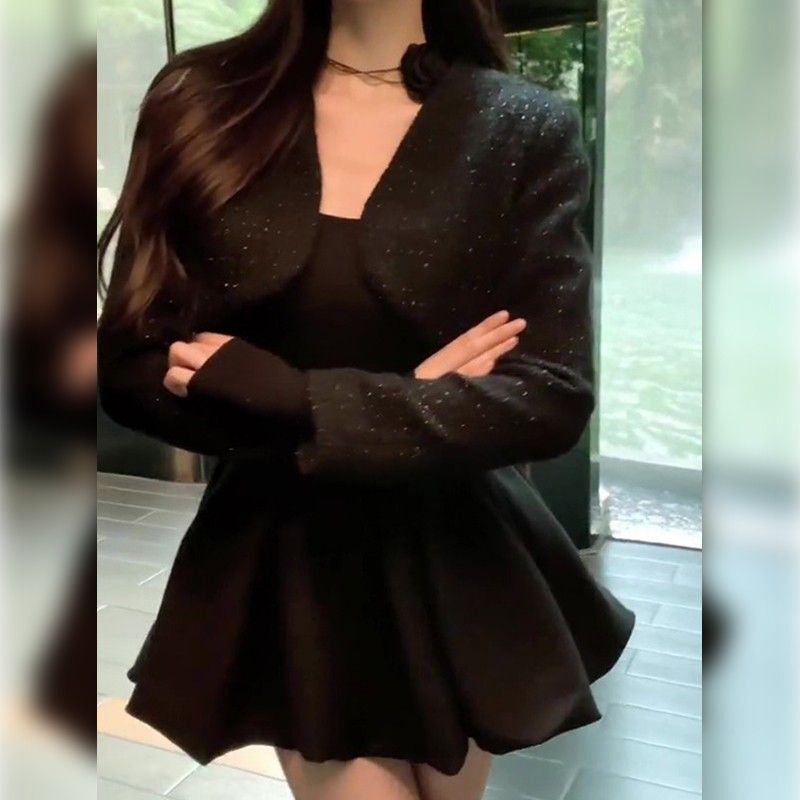 Petite, stylish, fitted little black dress with long sleeves, A-line tulip skirt, and puffy princess dress.