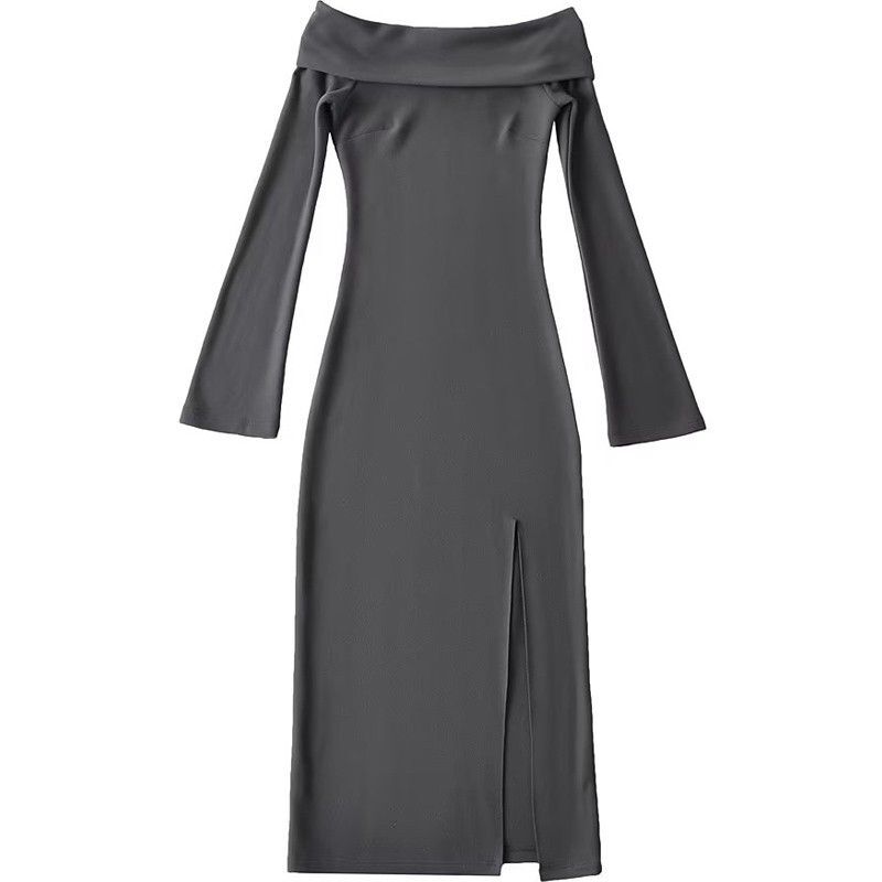 A sexy off-the-shoulder strapless dress for women, exuding a sophisticated and mature vibe with a cinched waist and slit.