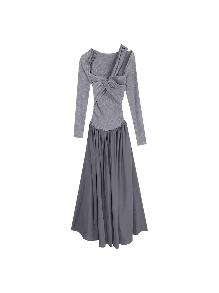 Grey off-shoulder long-sleeved dress for women, new autumn/winter style, French chic, slim fit, waist-cinching, A-line long skirt