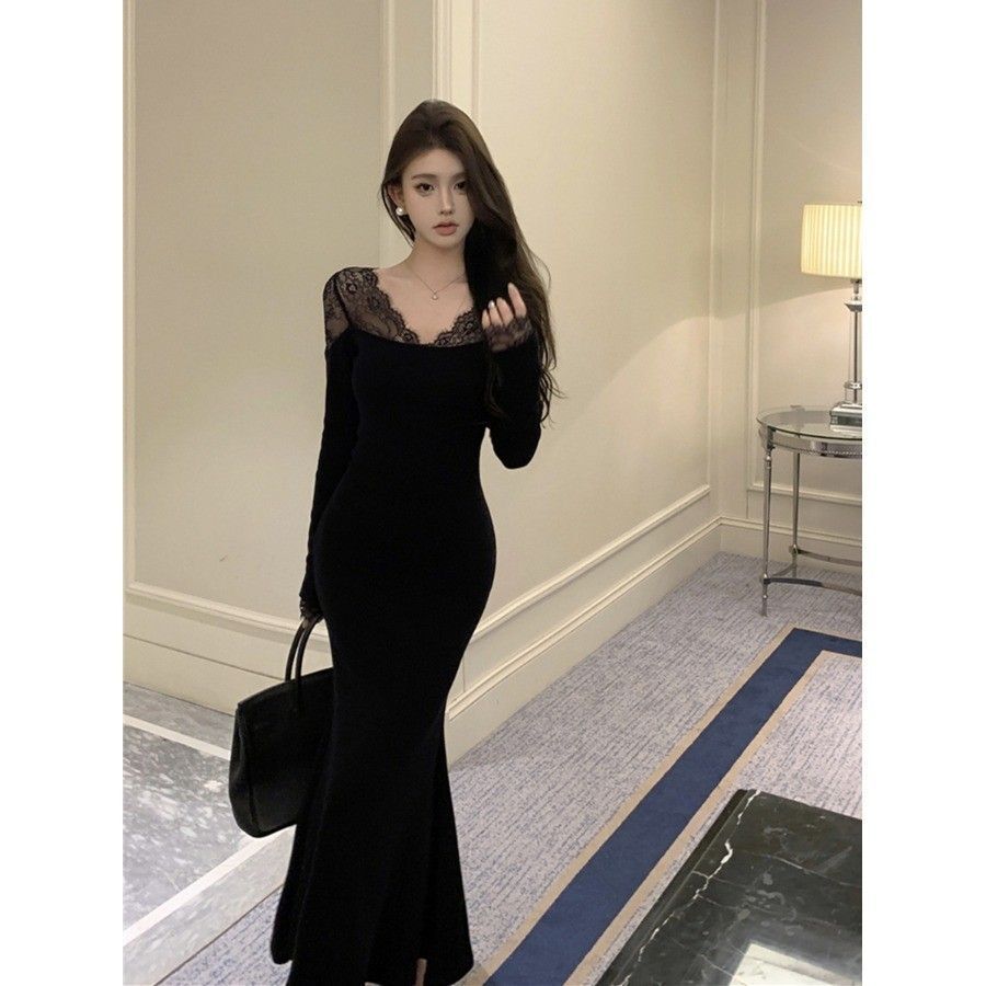 Black long-sleeved dress for women, autumn and winter, new style, French chic, fitted waist, fishtail long skirt.