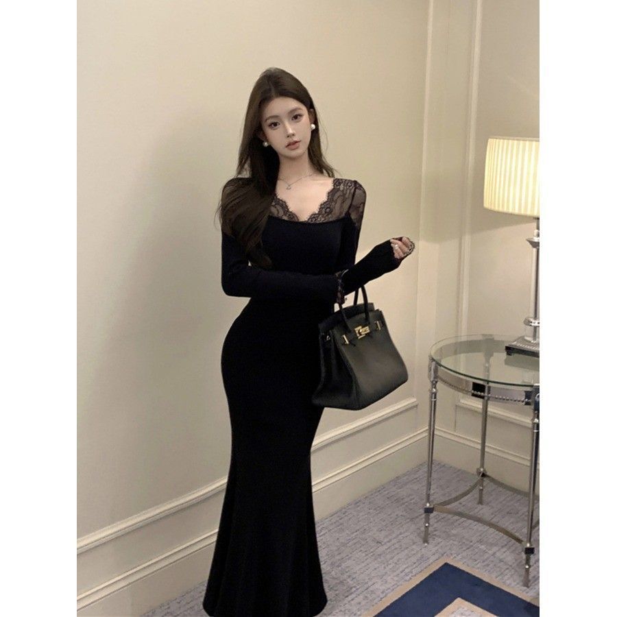 Black long-sleeved dress for women, autumn and winter, new style, French chic, fitted waist, fishtail long skirt.