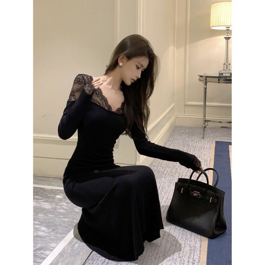 Black long-sleeved dress for women, autumn and winter, new style, French chic, fitted waist, fishtail long skirt.