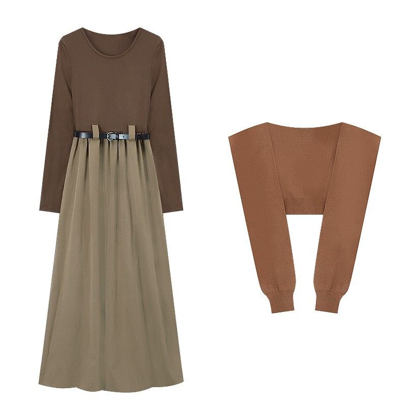 Retro-style solid color round neck slimming long-sleeved dress for women, autumn design with long sleeves and A-line skirt with shawl.
