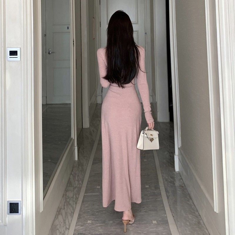 French-style V-neck knotted dress, elegant and slimming, bodycon skirt with tie-up long sleeves, irregular waist, gentle and feminine style.