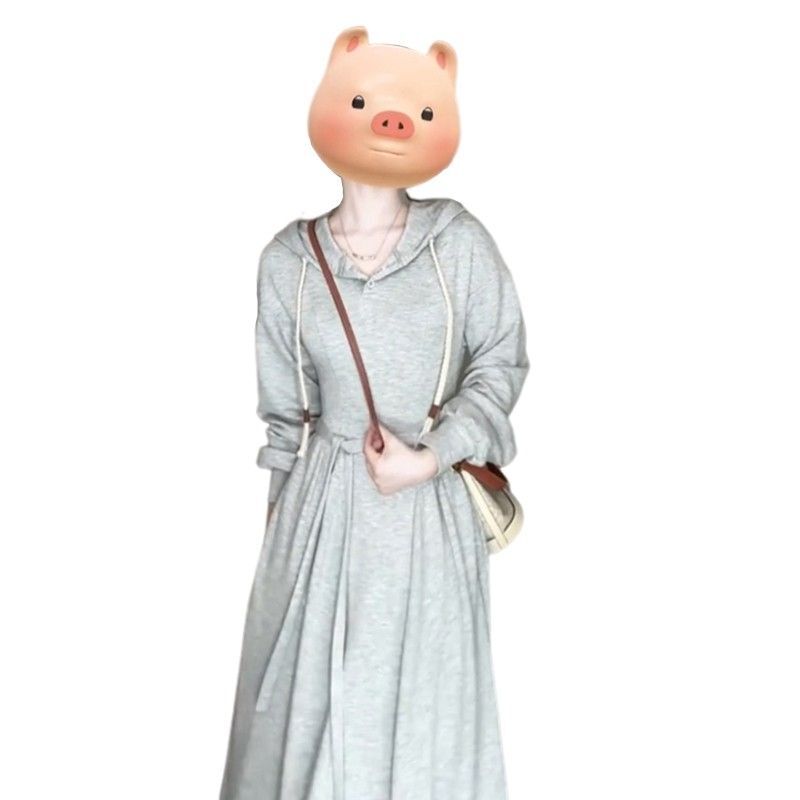 Korean style preppy grey hooded sweatshirt dress for women, autumn 2024, petite and elegant, slimming and flattering.