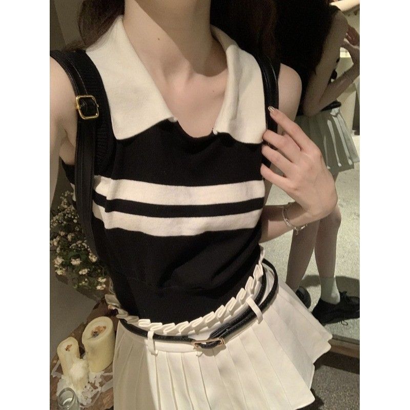 Goddess-style Polo Neck Striped Knit Vest Pleated Skirt Women's Summer 2024 New Style