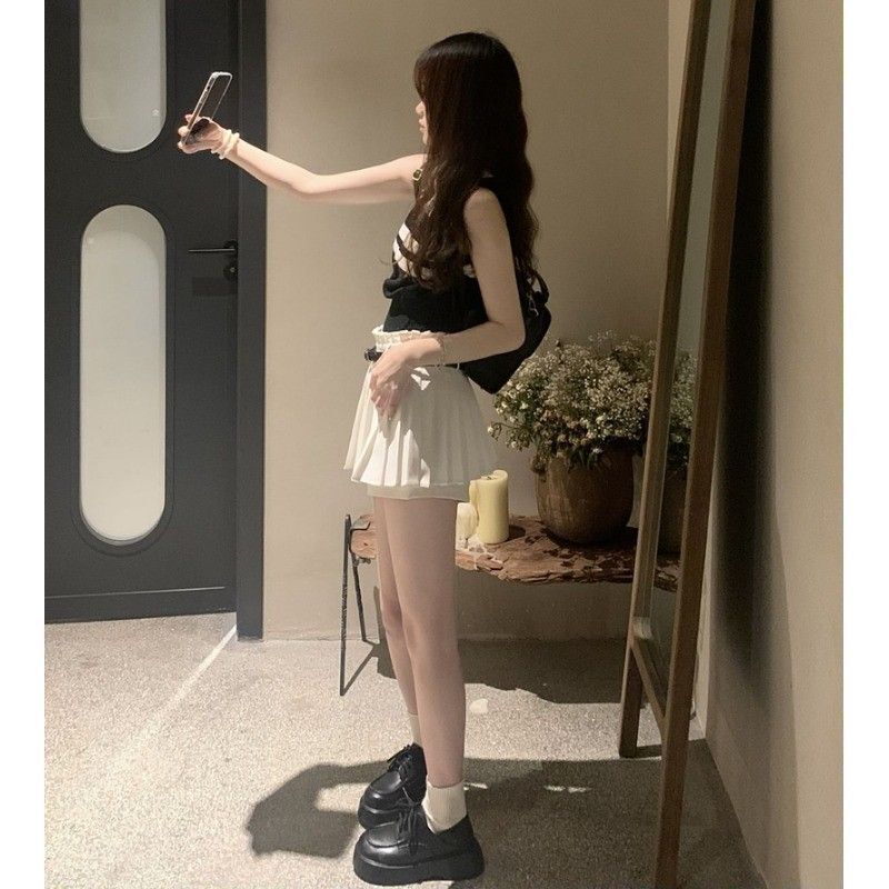 Goddess-style Polo Neck Striped Knit Vest Pleated Skirt Women's Summer 2024 New Style