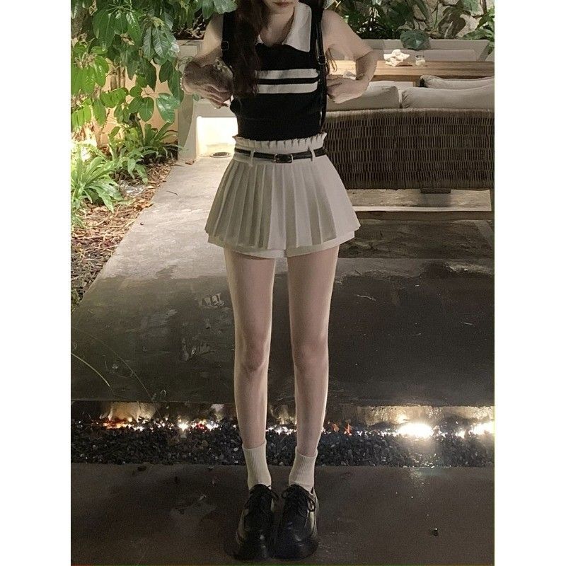 Goddess-style Polo Neck Striped Knit Vest Pleated Skirt Women's Summer 2024 New Style