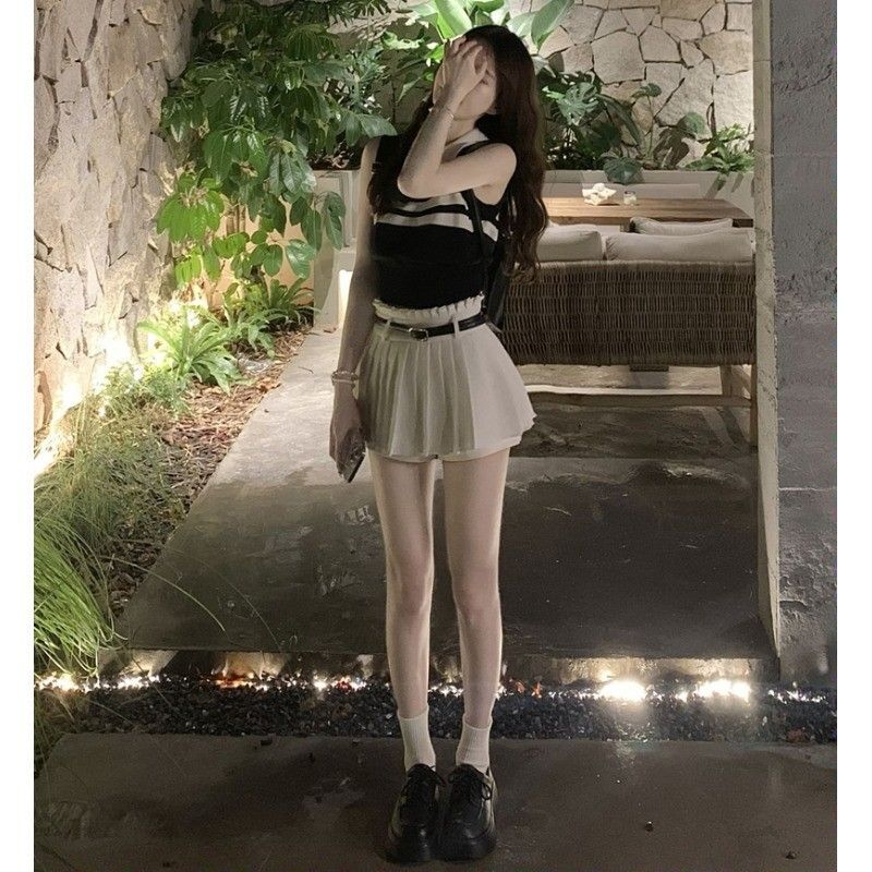 Goddess-style Polo Neck Striped Knit Vest Pleated Skirt Women's Summer 2024 New Style