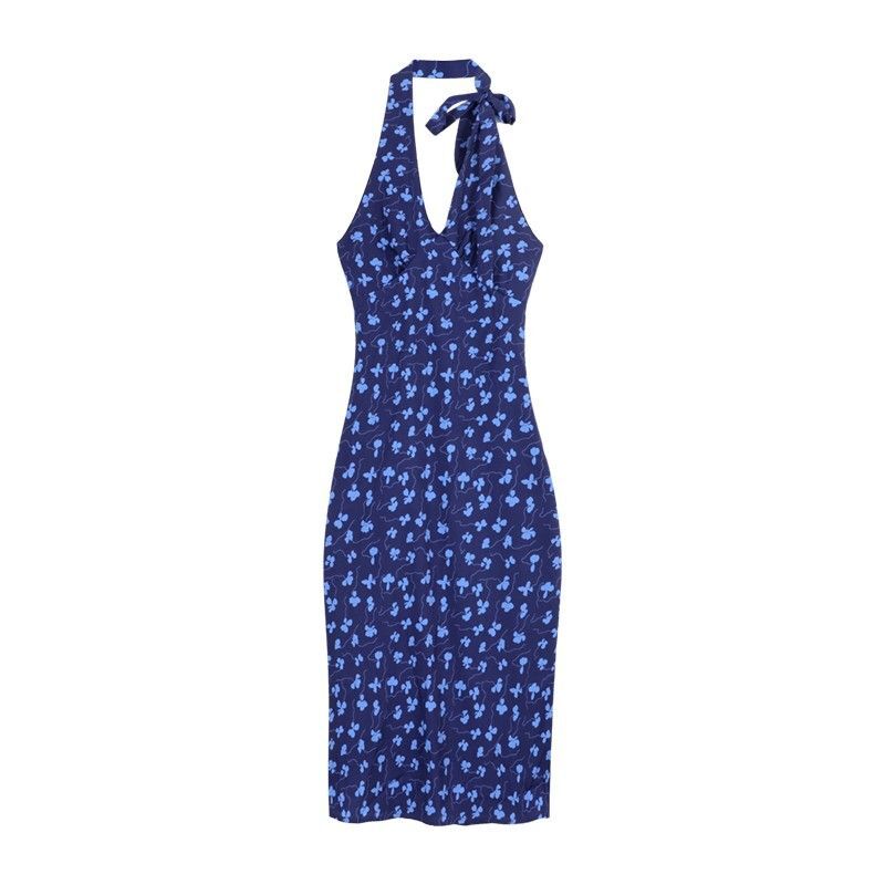 French-style blue V-neck halter dress, summer vacation style, waist-cinching, hip-revealing, fitted floral print sundress.