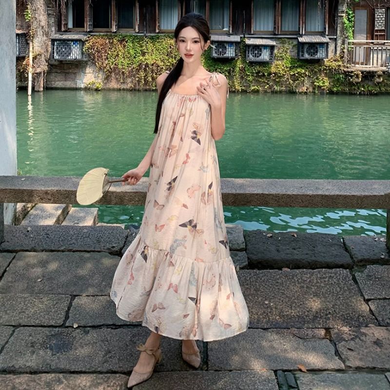 Butterfly Print Floral Beaded Sundress Summer Women's Lace Mid-Length Tie-Waist Resort Style Dress