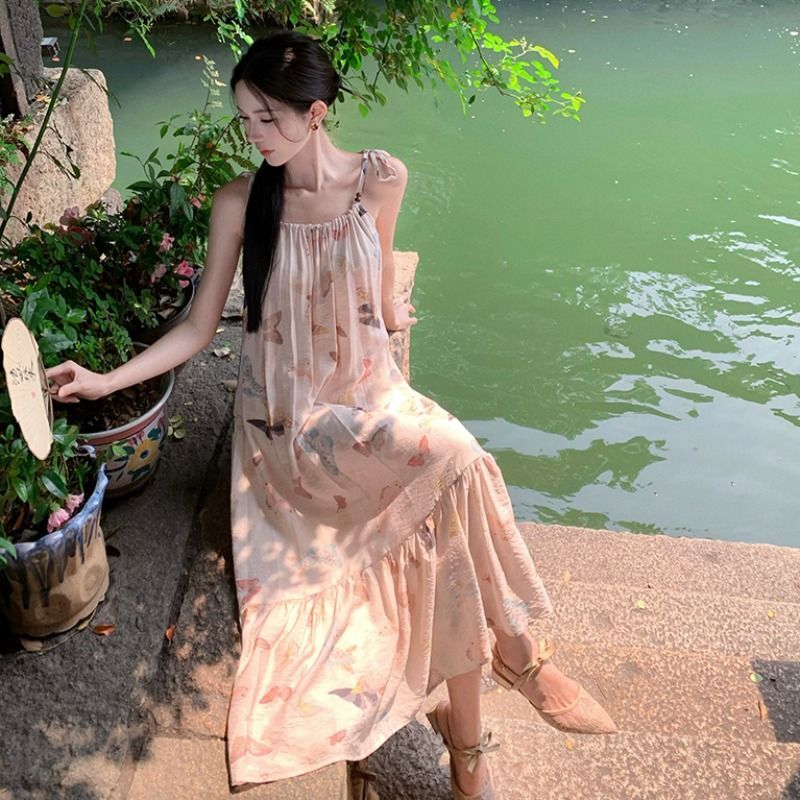 Butterfly Print Floral Beaded Sundress Summer Women's Lace Mid-Length Tie-Waist Resort Style Dress