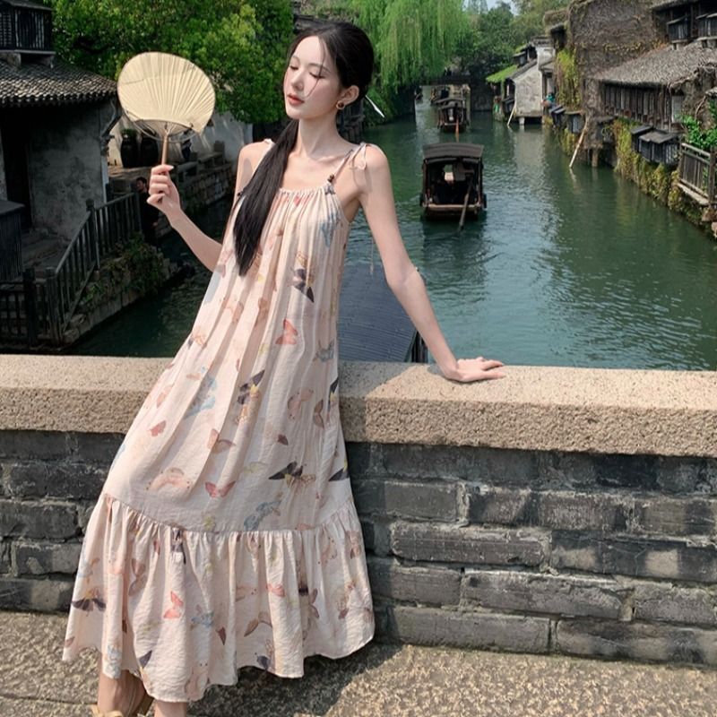 Butterfly Print Floral Beaded Sundress Summer Women's Lace Mid-Length Tie-Waist Resort Style Dress