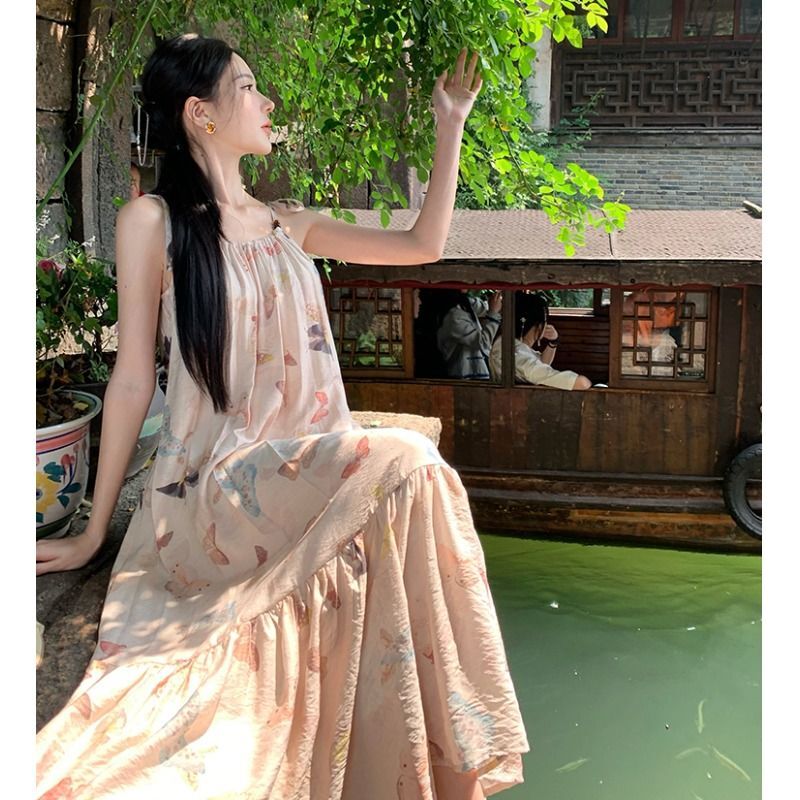 Butterfly Print Floral Beaded Sundress Summer Women's Lace Mid-Length Tie-Waist Resort Style Dress