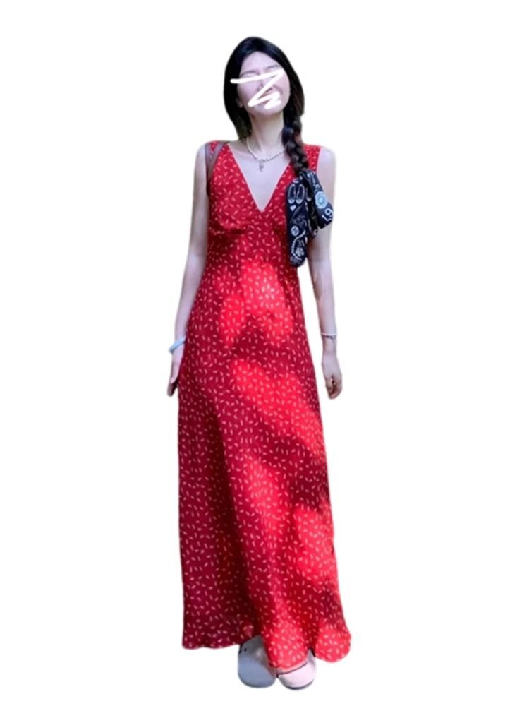 Seaside vacation style red V-neck floral sleeveless dress for women, spring 2025 new style, high-end feel.