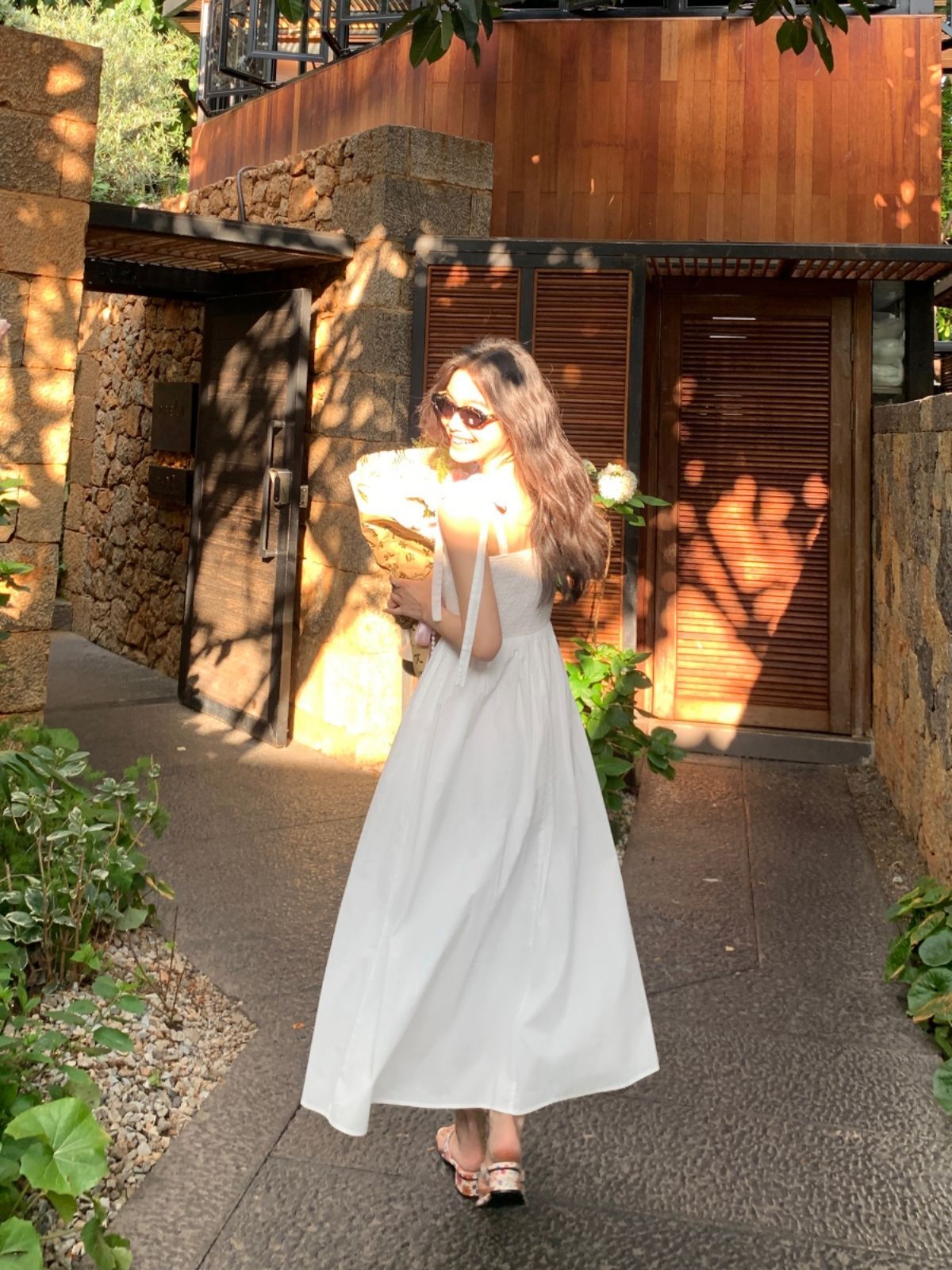 White spaghetti strap dress for women, summer style, French chic, sophisticated, slim A-line strapless long dress