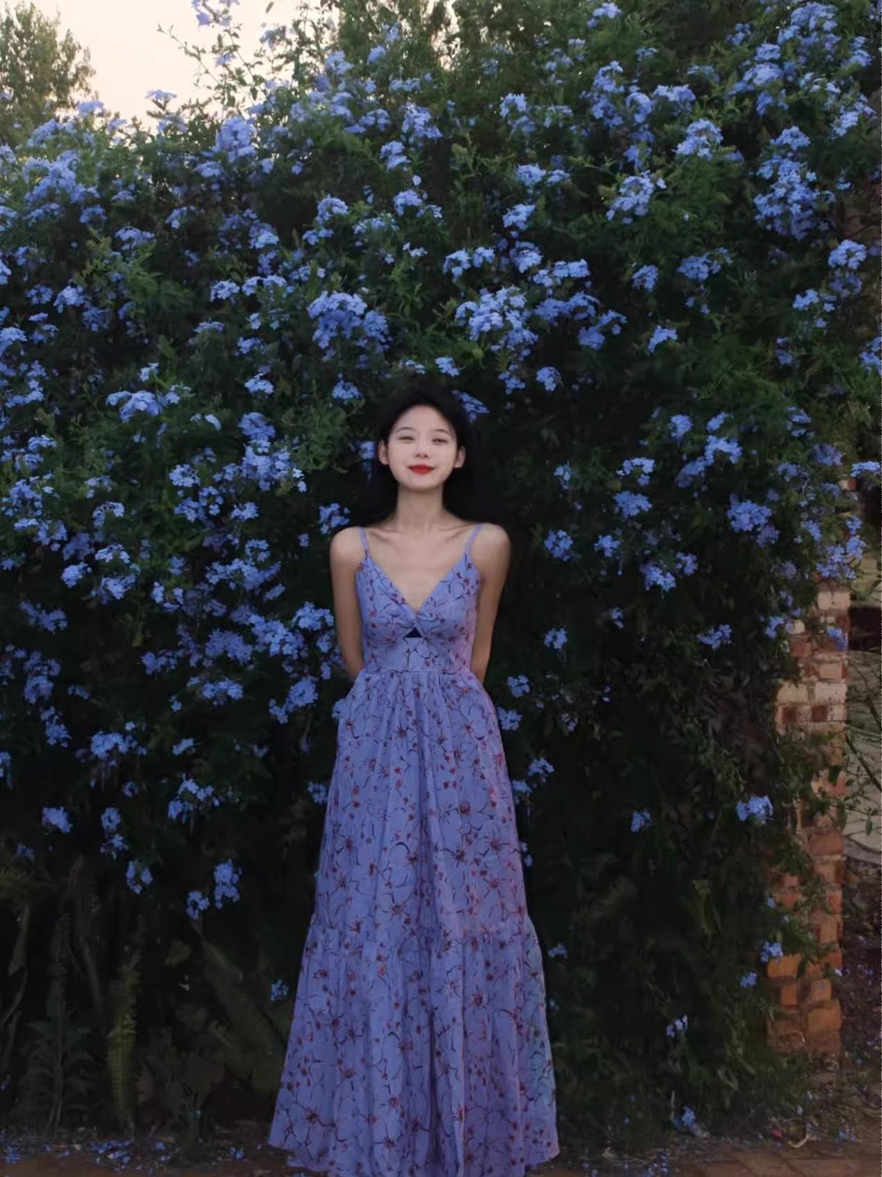 Plus Size French Style Blue Floral Print Sundress for Women, Summer Elegant V-Neck Backless Vacation Beach Dress