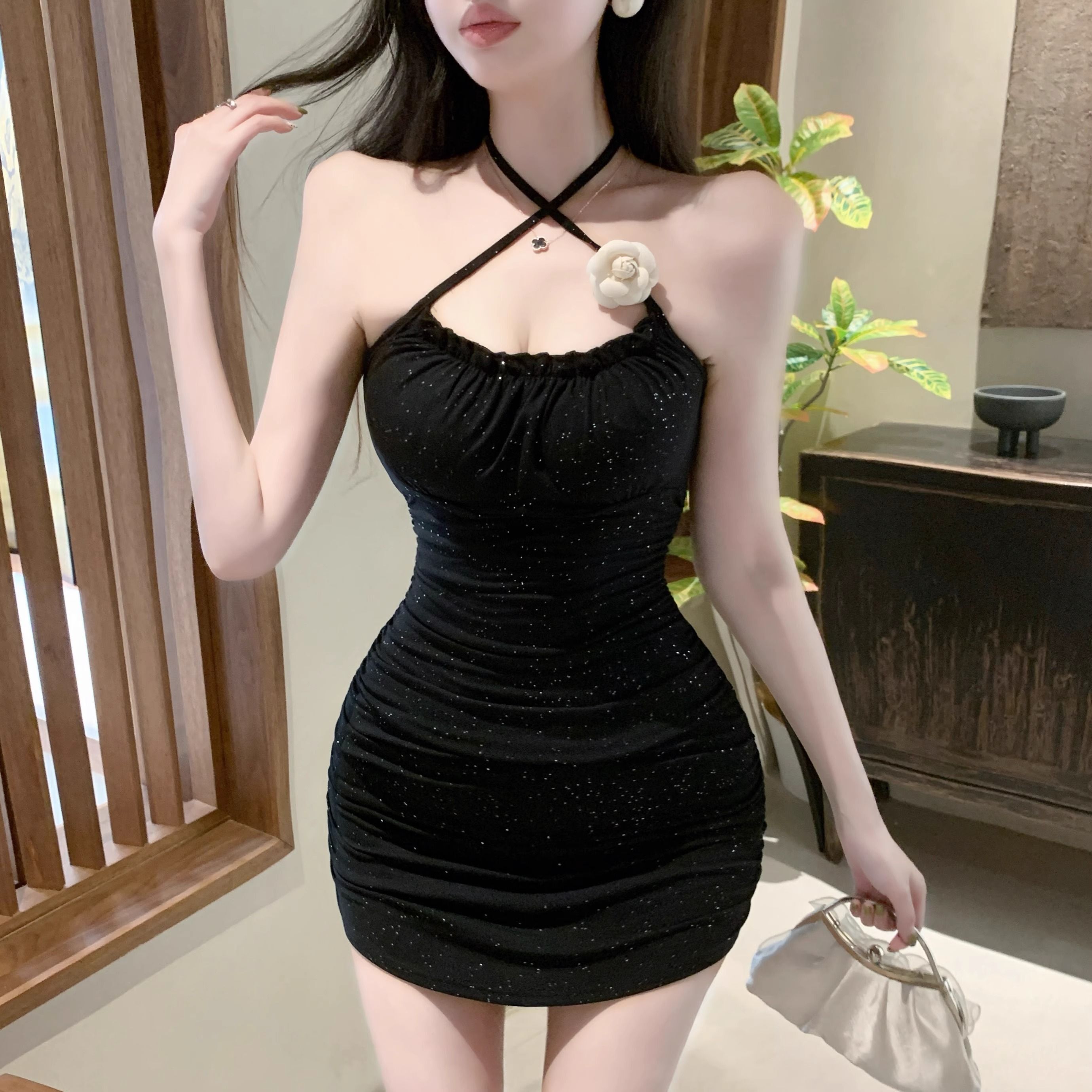 Floral pink halter top dress for women, summer style, sexy bodycon dress with bra pads, halter neck, strapless dress.