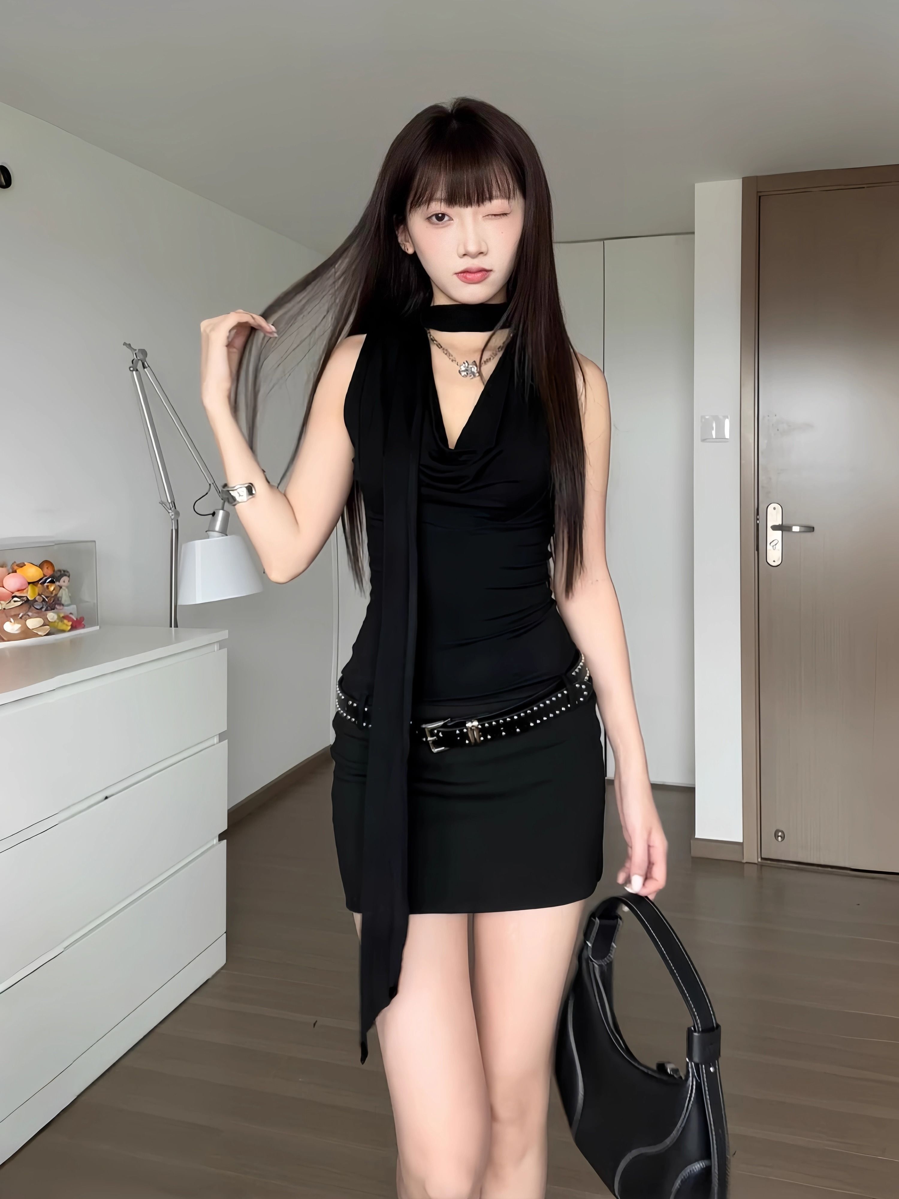 Women's Summer American Hot Girl Bodycon Little Black Dress Halter Neck Swing Neck Sexy Waist-cinching Black Dress