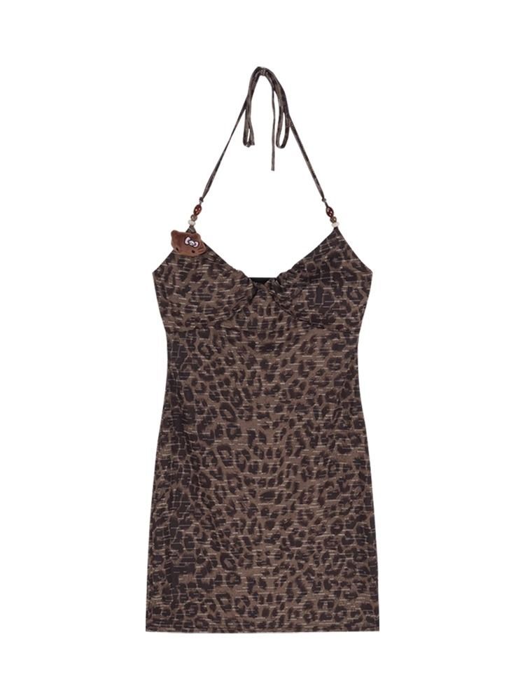 Hot Leopard Print Halter Neck Dress Women's Summer Slim Fit Backless Mini Skirt Shows Off Figure Waist and Hip-Hugging Skirt