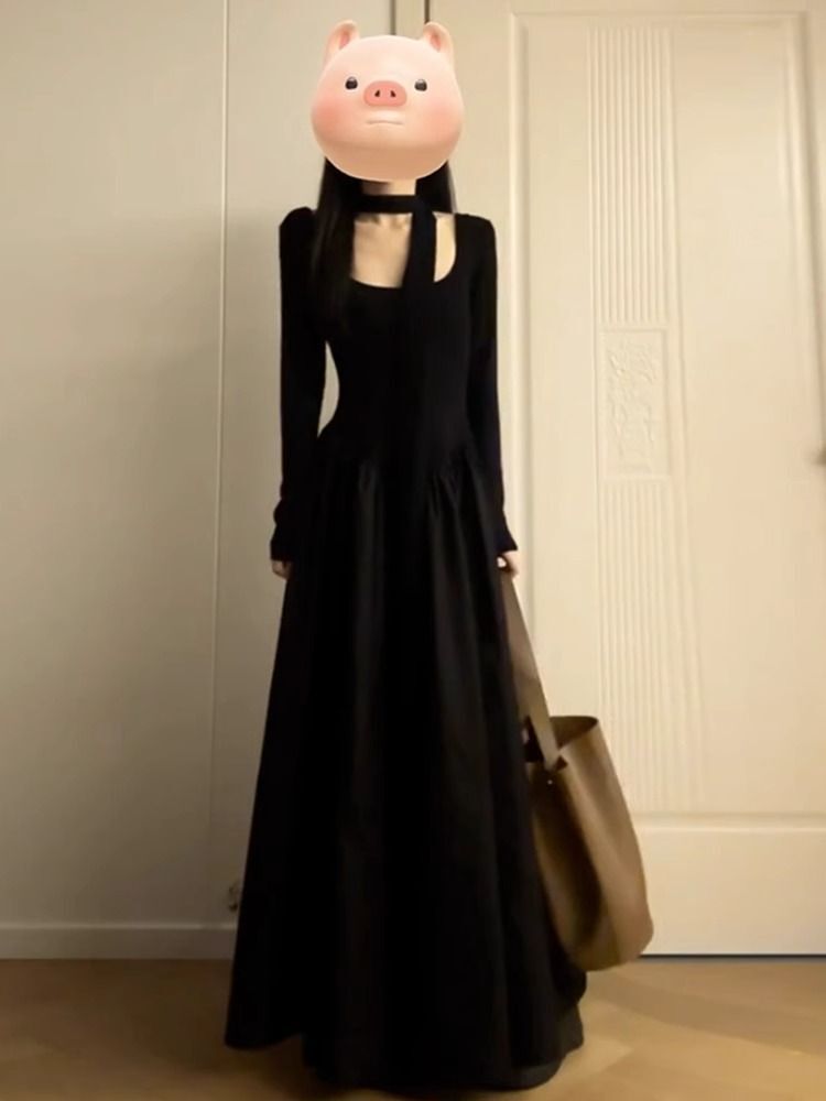 2024 Early Autumn New Arrival Hepburn Style Black Long-Sleeved Dress, Elegant Women's Clothing, High-End Fit, Waist-Defining