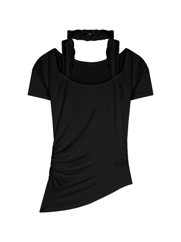 MR has shipped a lace halter neck short-sleeved bodycon top in a unique, alluring black, versatile, off-the-shoulder style.