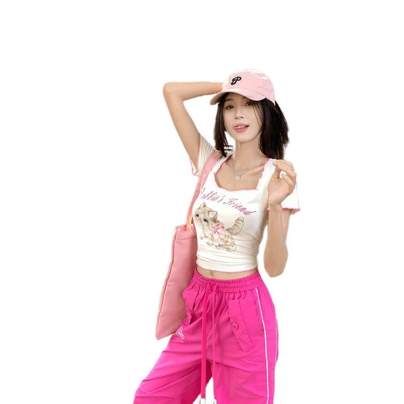 Official photos and actual price: Women's summer new style square neck T-shirt, short-sleeved, cat print, slim fit, sweet and spicy milky top.