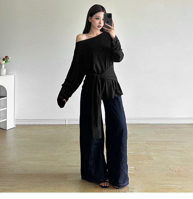 MR Minimalist Solid Color Lazy Off-Shoulder Long Sleeve T-Shirt with Sexy Tie-Up Ruffles and Slightly Sheer Sun Protection Cover-Up Top