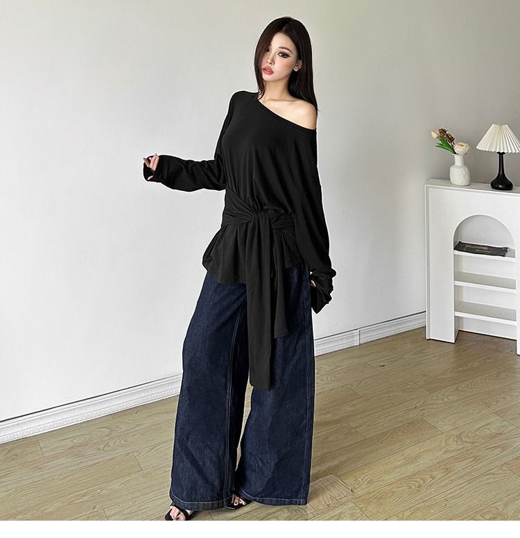 MR Minimalist Solid Color Lazy Off-Shoulder Long Sleeve T-Shirt with Sexy Tie-Up Ruffles and Slightly Sheer Sun Protection Cover-Up Top