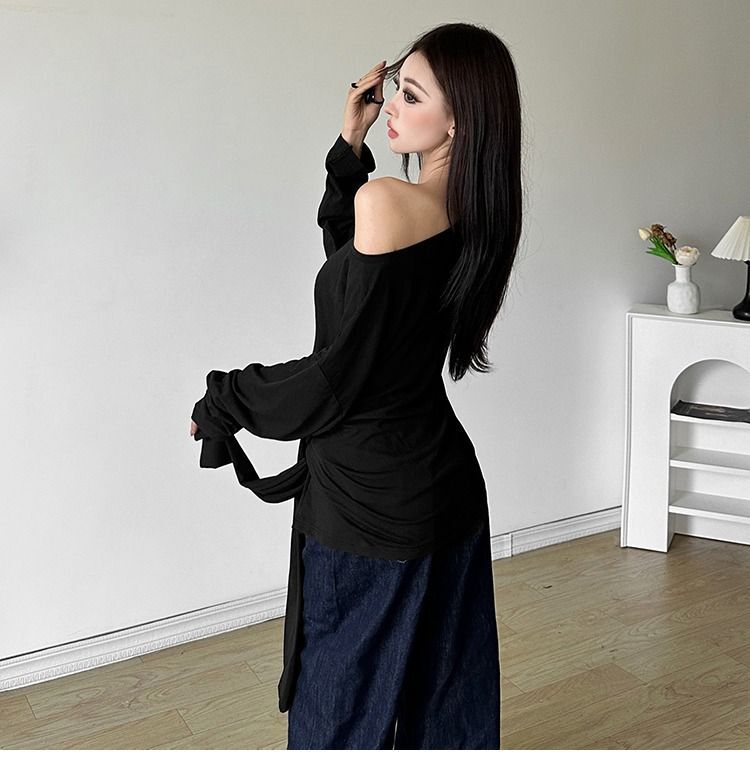 MR Minimalist Solid Color Lazy Off-Shoulder Long Sleeve T-Shirt with Sexy Tie-Up Ruffles and Slightly Sheer Sun Protection Cover-Up Top