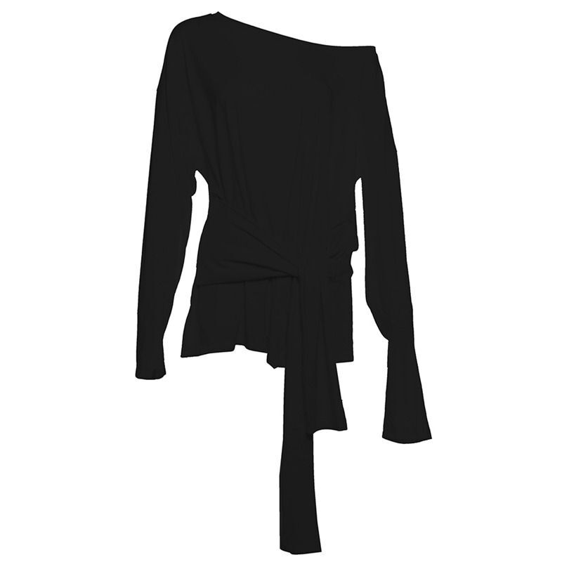 MR Minimalist Solid Color Lazy Off-Shoulder Long Sleeve T-Shirt with Sexy Tie-Up Ruffles and Slightly Sheer Sun Protection Cover-Up Top