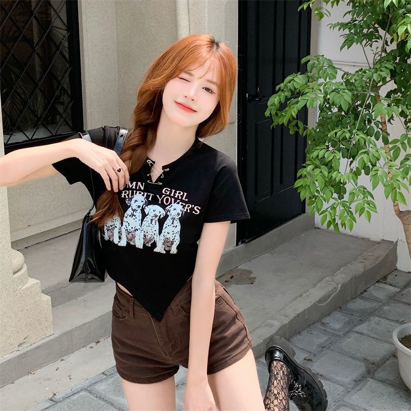 Cartoon print short-sleeved T-shirt for women, perfect for summer 2024, slim fit and flattering for plus-size women.