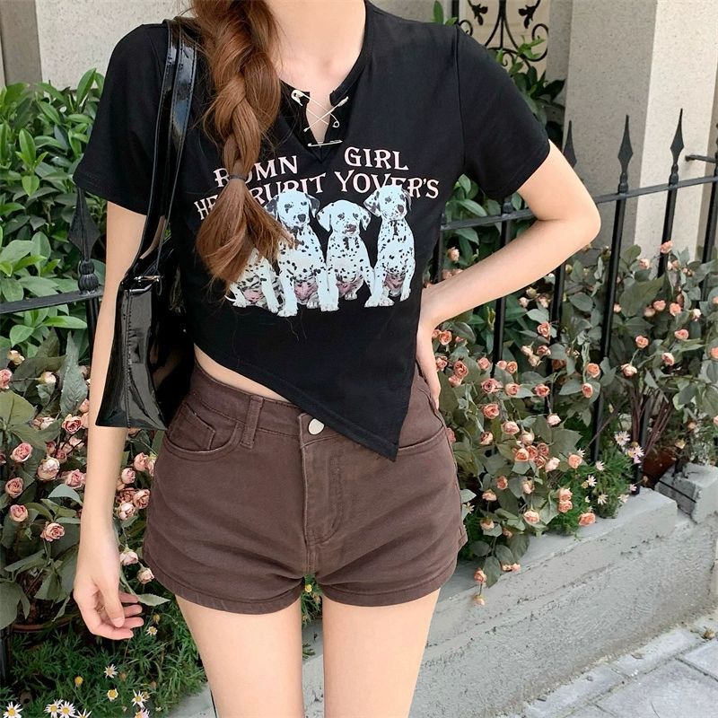 Cartoon print short-sleeved T-shirt for women, perfect for summer 2024, slim fit and flattering for plus-size women.