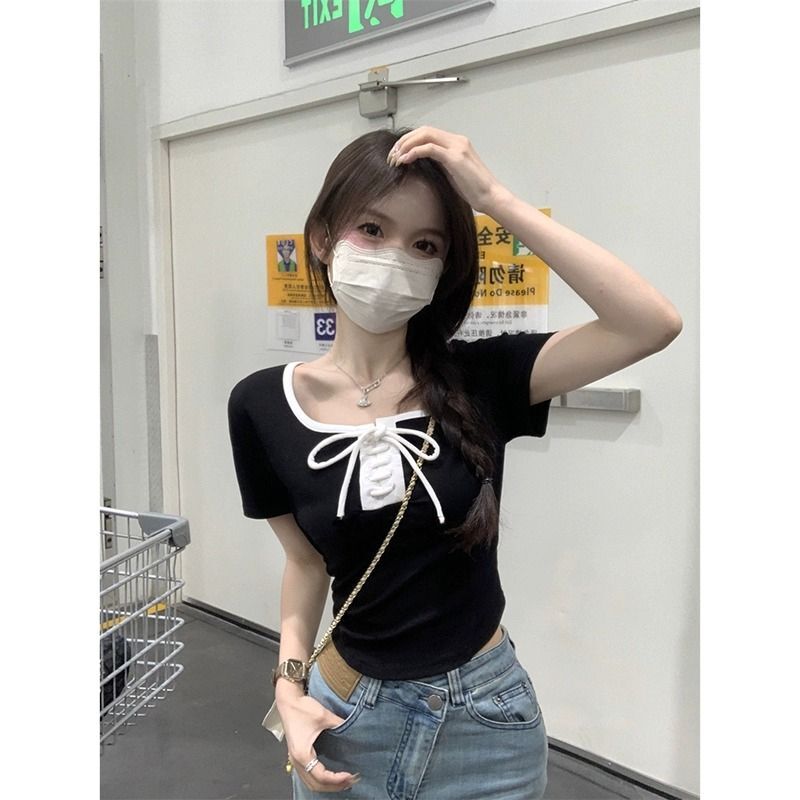 Women's summer Korean style slim-fitting short top with a square neck tie-up design, perfect for summer.