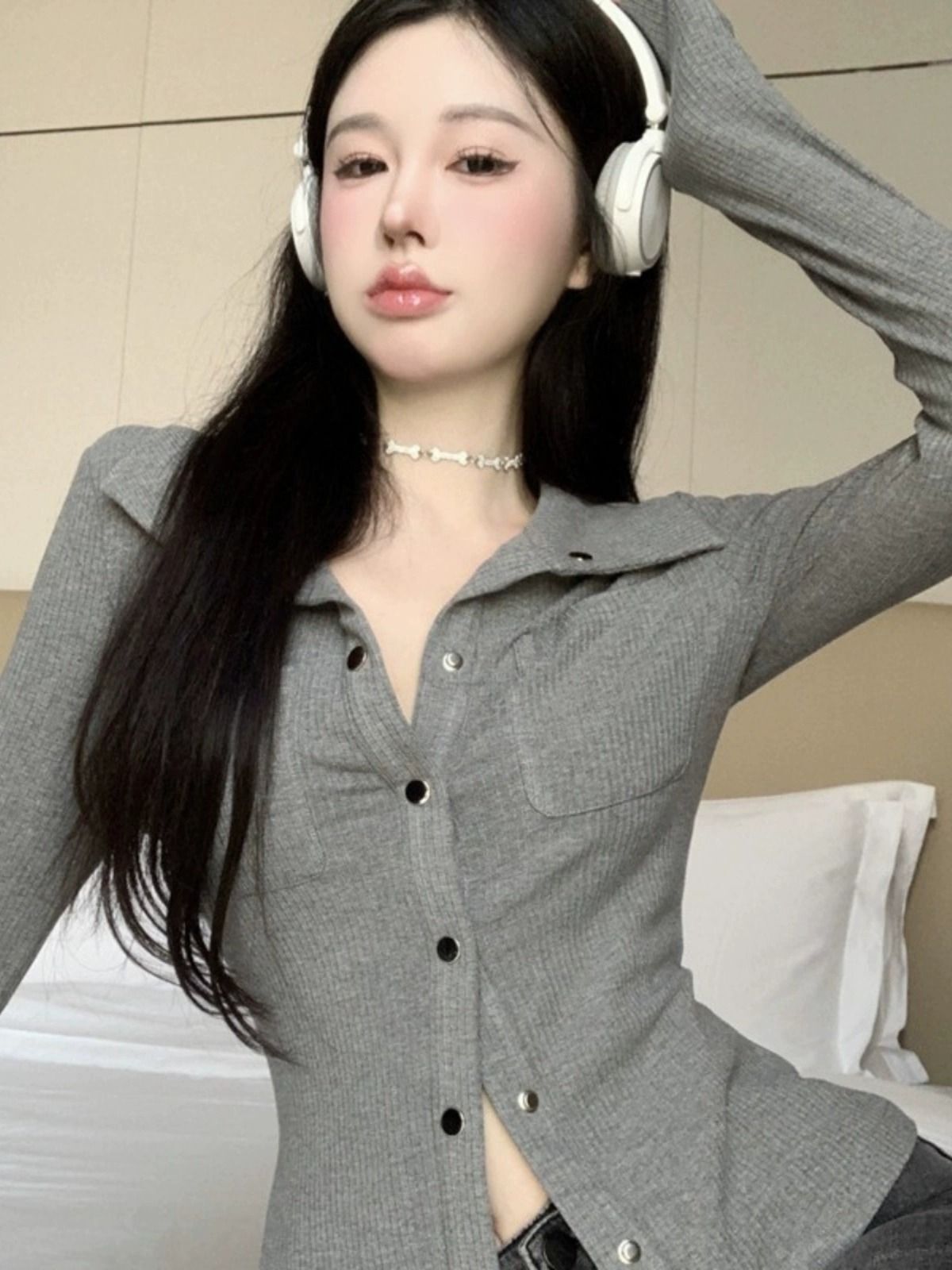 MR Imitation Cotton Ribbed Polo Neck Short Women's Early Autumn Thin Gray Long Sleeve Sexy Slim Fit
