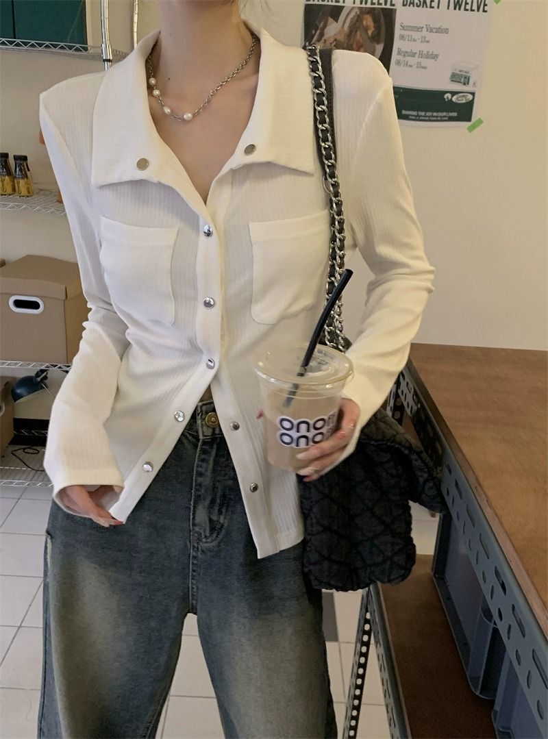 MR Imitation Cotton Ribbed Polo Neck Short Women's Early Autumn Thin Gray Long Sleeve Sexy Slim Fit