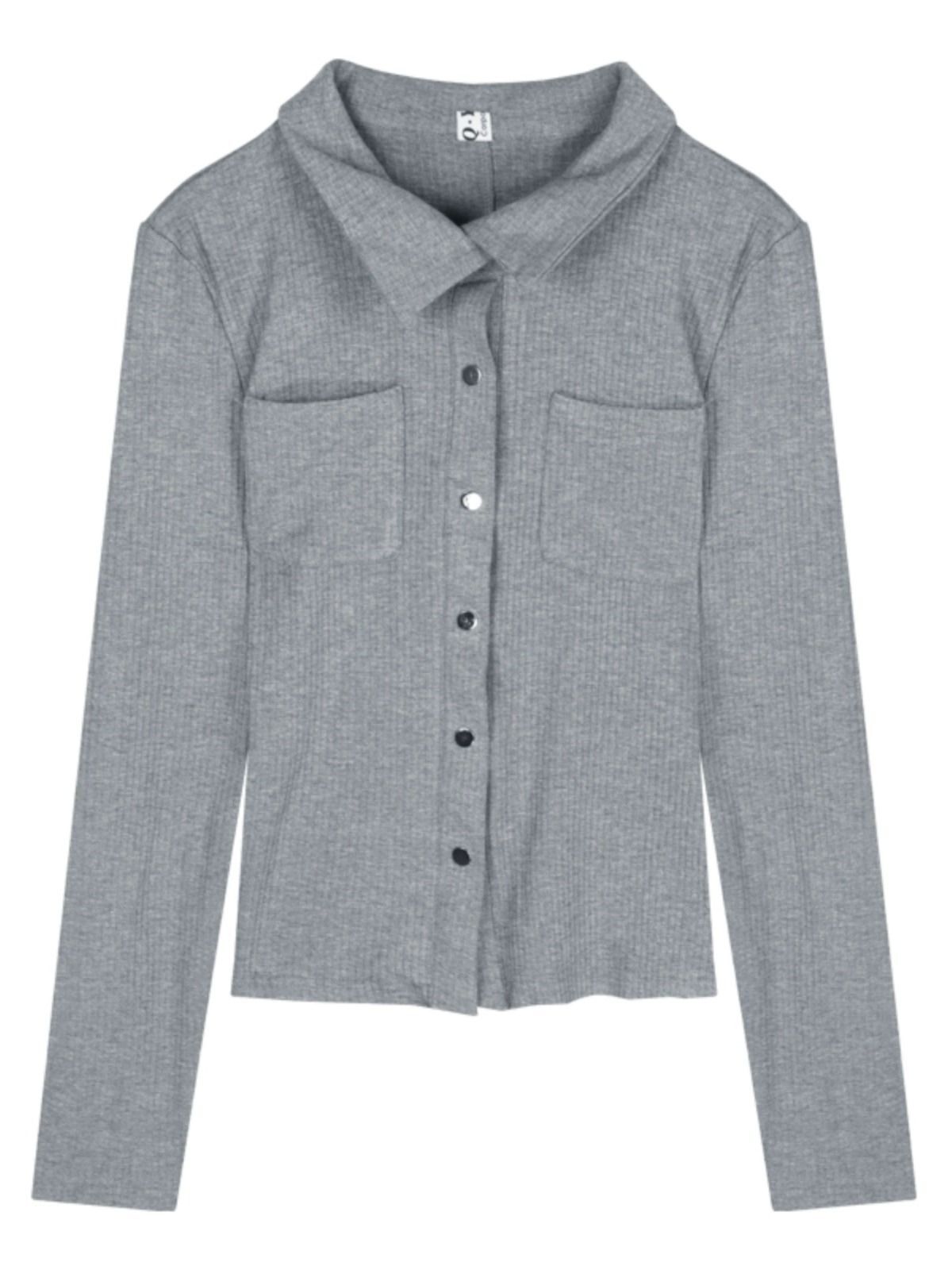 MR Imitation Cotton Ribbed Polo Neck Short Women's Early Autumn Thin Gray Long Sleeve Sexy Slim Fit