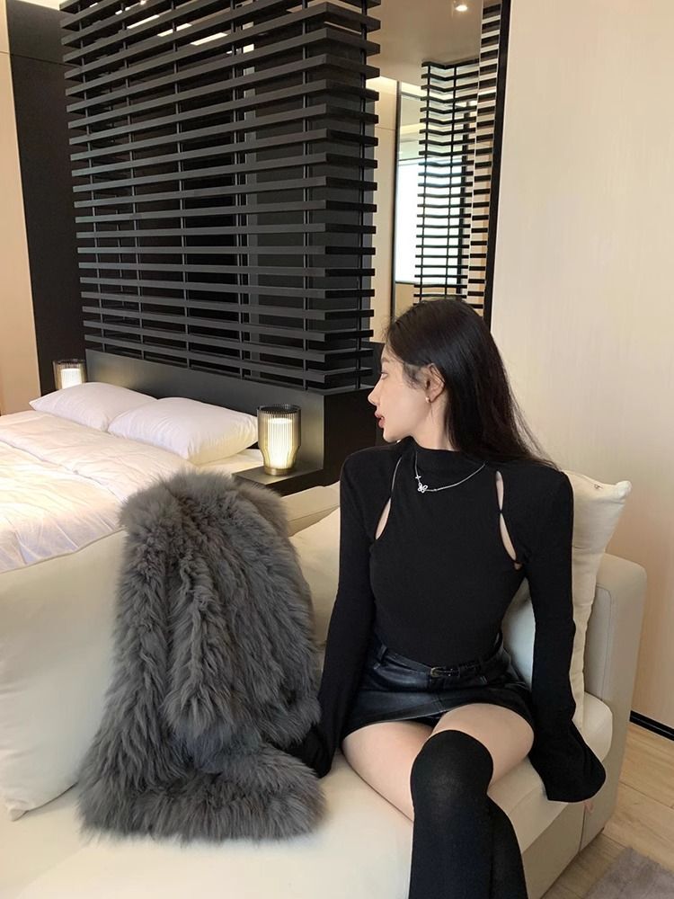 MR in-stock tight-fitting turtleneck women's autumn and winter design slim-fitting hollowed-out base layer top