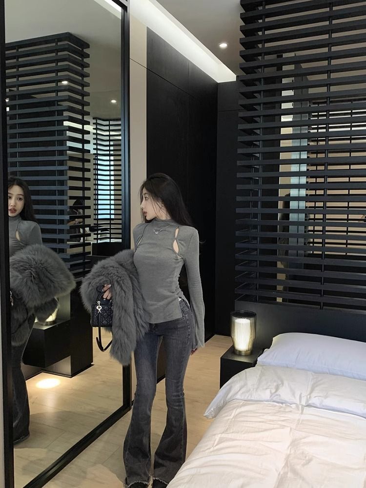 MR in-stock tight-fitting turtleneck women's autumn and winter design slim-fitting hollowed-out base layer top