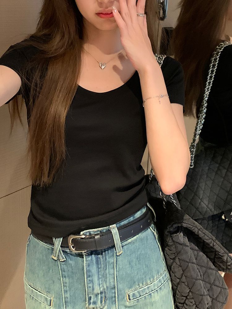 Basic, versatile, round neck, solid color, short-sleeved T-shirt for women, slim fit, stretchy, cropped, off-the-shoulder top.