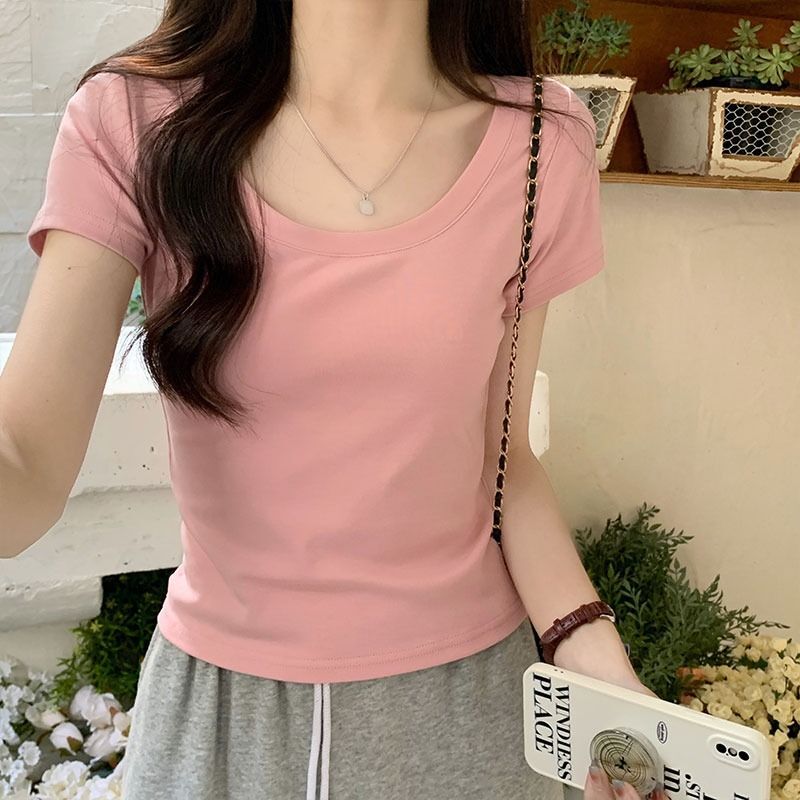 Basic, versatile, round neck, solid color, short-sleeved T-shirt for women, slim fit, stretchy, cropped, off-the-shoulder top.