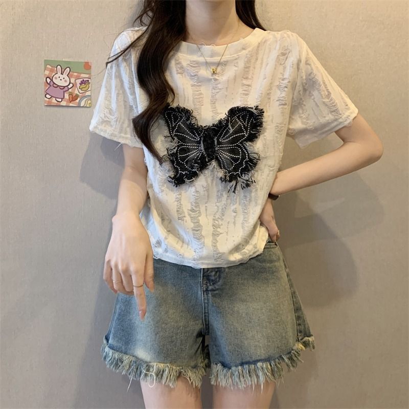 Original ripped fabric, unique and exquisite ripped loose short-sleeved T-shirt for women, summer design, niche short style.